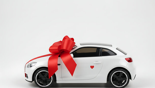 Close profile view of a charming white toy car adorned with a red heart ribbon and festive bow, isolated on a clean neutral background with ample space for text.