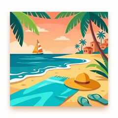 Obraz premium A vibrant, minimalist vector illustration of a tropical beach at sunset, featuring a sailboat, a sun hat, flip-flops, and swaying palm trees.