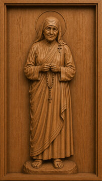 Saint Teresa of Calcutta Wooden Relief Carving on Oak Panel Christian Devotional Artwork