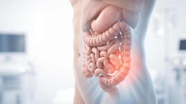 Human digestive system with inflamed intestine