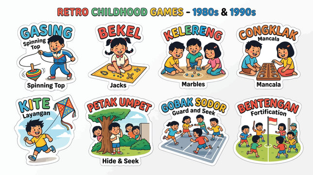 Set of illustrations depicting traditional Indonesian childhood games from the 1980s and 1990s.