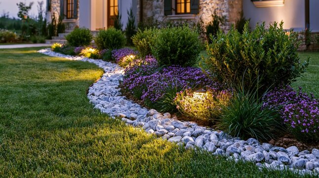 Evening landscape garden with stone border and purple flowers