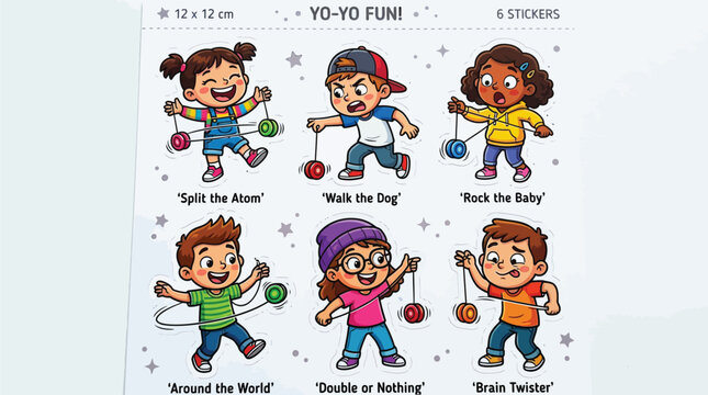 Set of cartoon stickers showing diverse children playing with yoyo toys and performing various tricks.