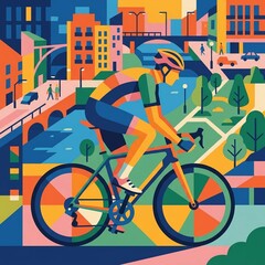 Fototapeta premium A vibrant, geometric vector illustration of a professional road cyclist riding through a stylized, colorful urban landscape with parks and buildings.