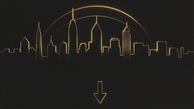 Golden city skyline outline with downward arrow minimalist design on
