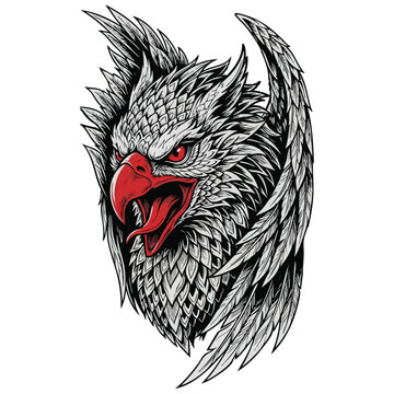 Fierce detailed eagle or griffin head vector illustration with sharp beak and red eye.