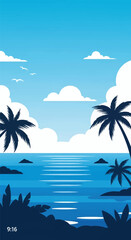 Obraz premium Flat vector illustration of a tropical beach landscape featuring calm blue ocean water with ripples, silhouettes of palm trees, white fluffy clouds, and seagulls in a clear sky.