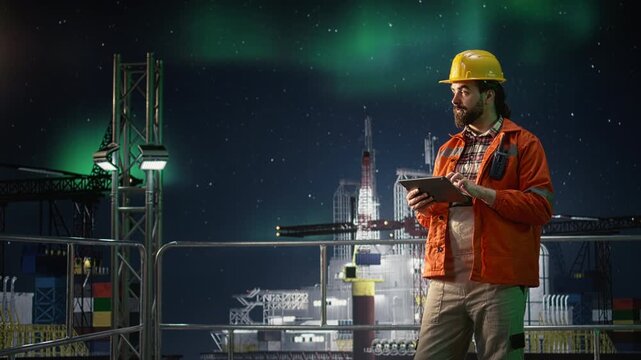 Offshore rig installation manager reviewing maritime security issues using tablet during conflict with offshore platform context.