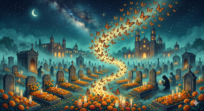 Day of the Dead Night Cemetery with Butterflies