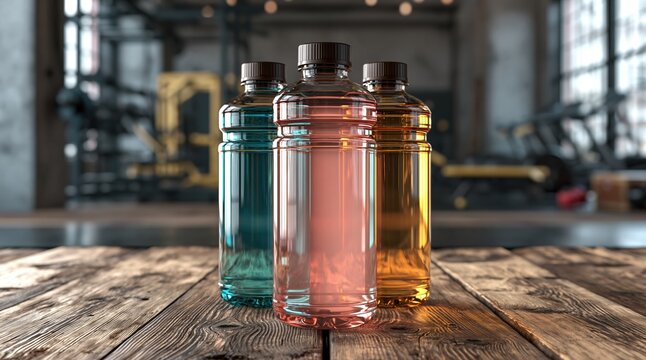 Colorful glass bottles with corks on rustic wooden table