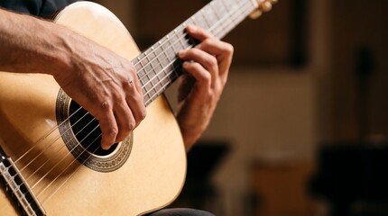 Obraz premium male hands with calloused fingers fingerpicking the strings of a light wood classical guitar with precise classical technique