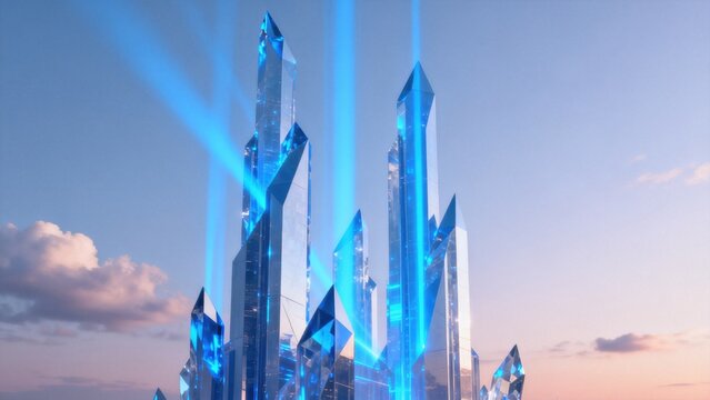 Futuristic crystal towers glowing in sky