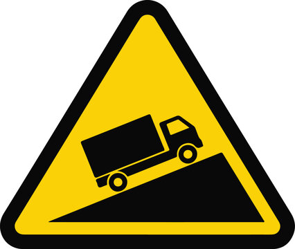 Yellow triangular steep hill road sign showing a truck climbing a sharp incline symbol isolated on transparent background