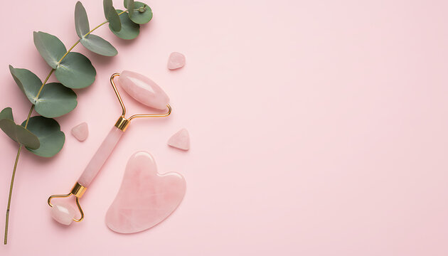 Skin care wellness set featuring pink rose quartz facial roller, gua sha tool, fresh green eucalyptus leaves on soft pastel background, professional aesthetic beauty treatment concept.