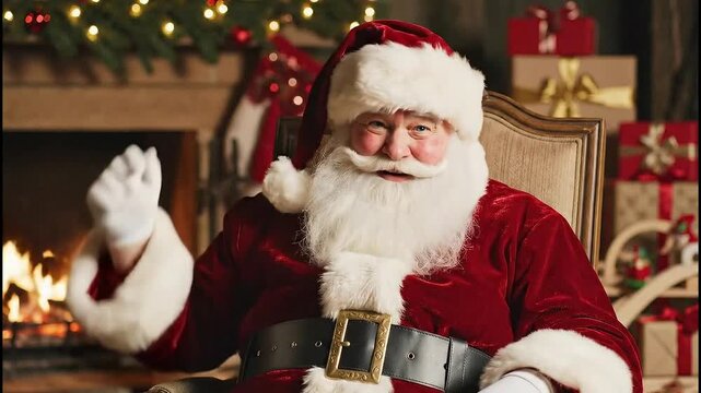 A jolly Santa Claus with a white beard and red suit waves hello from a comfortable chair by a fireplace adorned with Christmas decorations.