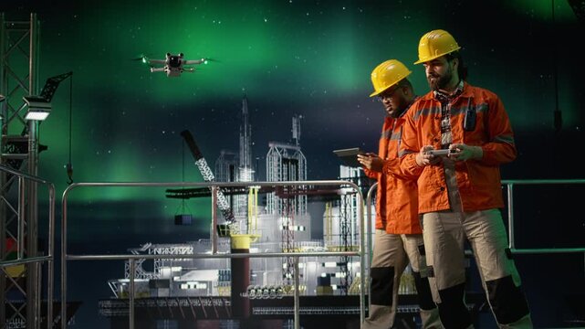 Engineers on offshore rig deck under aurora borealis using drone to bypass sea transit blockades while an experts uses UAV device late at night to plan pipelines locations during oil crisis.