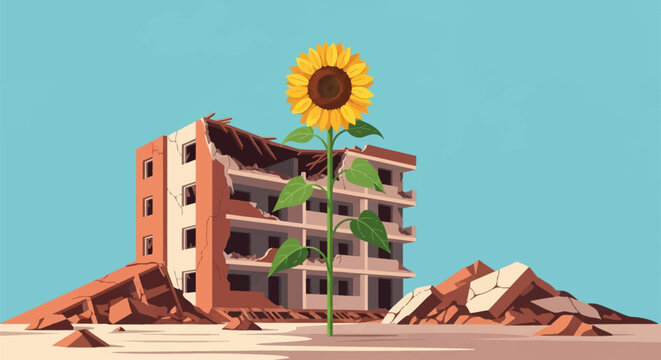 A flat vector illustration of a massive sunflower growing in front of a heavily damaged residential building with crumbled walls and piles of debris under a clear blue sky.
