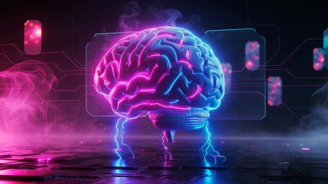 Glowing neon brain pulsing with electric energy above futuristic circuit board technology background