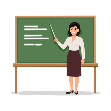 Teacher pointing at a blackboard with a pointer stick