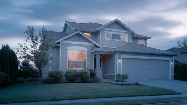 Cozy two story house with spacious front yard and soft evening lighting in a peaceful neighborhood