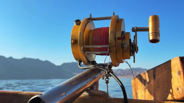 Close up of Heavy duty electric reel for tuna and swordfish deep fishing