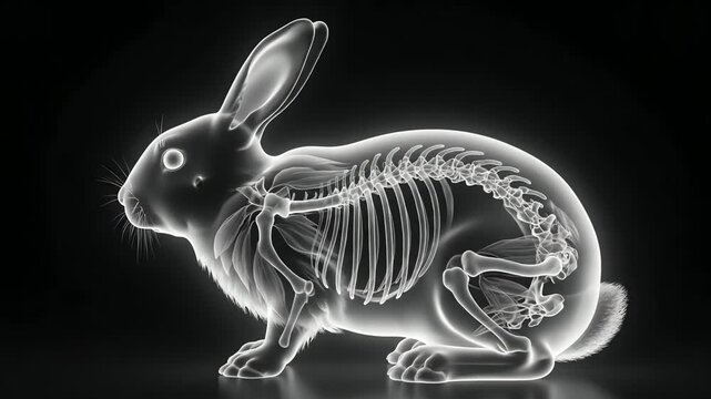 X-ray visualization of a rabbit skeletal structure on dark background
