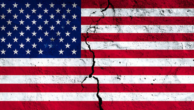 American flag split in half with a large crack, symbolizing division and conflict, textured grunge background