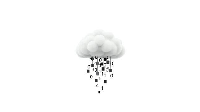 White fluffy cloud raining black binary digits and square data particles on a white background.