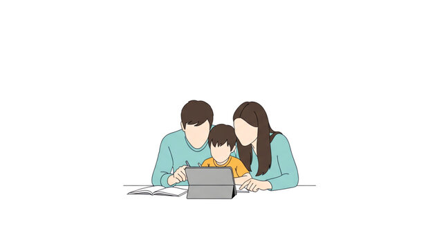 Minimalist illustration of parents and young son looking at tablet together on white background.