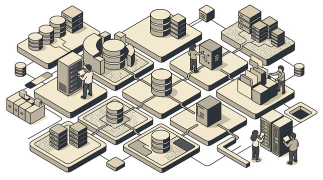 Isometric Data Center and IT Infrastructure Illustration with Network Administrators Managing Cloud Servers and Database Storage Systems