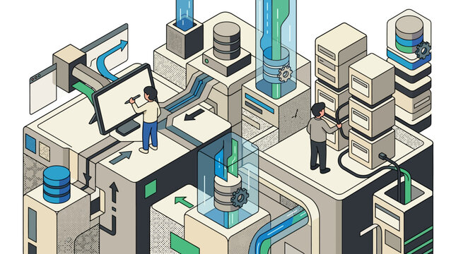 Isometric Data Center Illustration Featuring IT Professionals Managing Cloud Server Infrastructure and Digital Information Flow