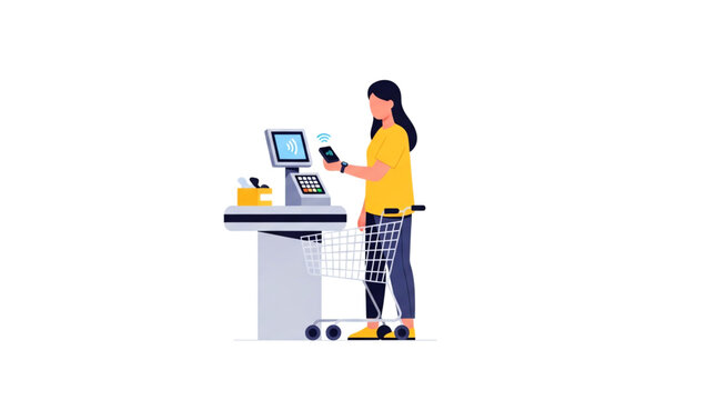 Woman paying with smartwatch at grocery store terminal next to empty shopping cart vector