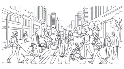 Obraz premium Urban life scene with people walking shopping and cycling in city