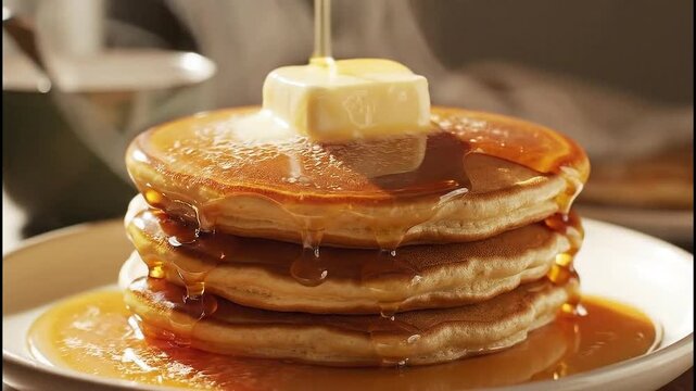 A tall stack of fluffy pancakes is drizzled with golden syrup and topped with a melting pat of butter.