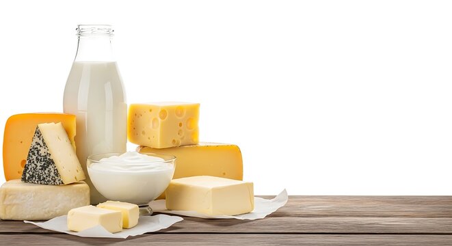 Dairy products on wooden table.