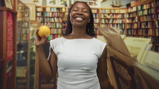 Young woman holds lemon in right hand and reaches out with left hand inside a building; joyful curiosity.