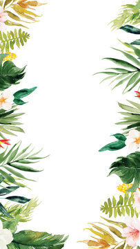 Watercolor tropical leaves and flowers border design with transparent background aspect ratio 9 16