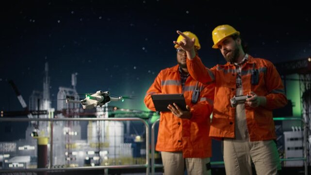 Close up of drone used by men on offshore platform dodging transit blockade for site inspection while drilling rig workers use UAV to determine optimal locations for pipelines during oil crisis.