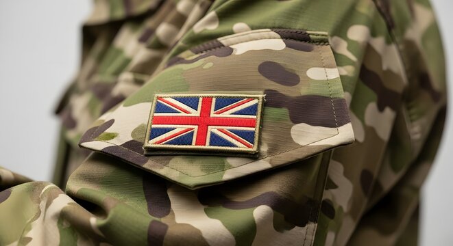 British flag patch on camouflage military uniform