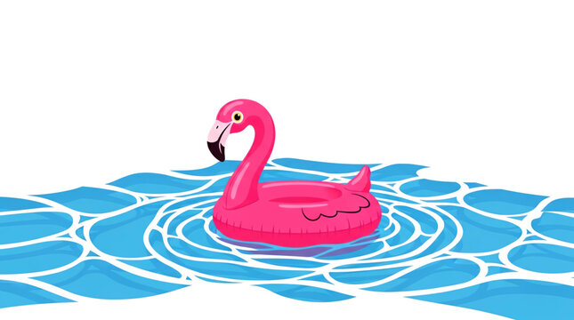 Bright pink flamingo pool float on blue stylized water with white ripples, white background.