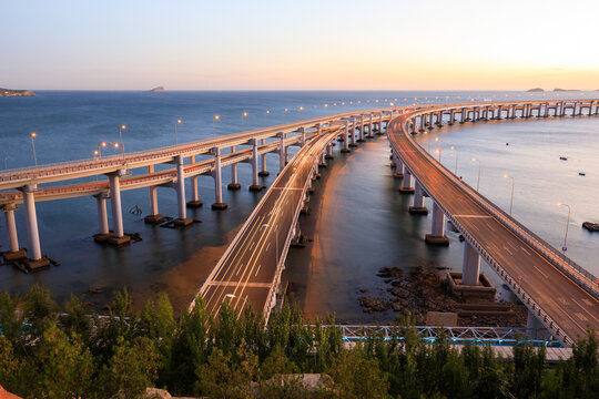Xinghai Bay Bridge at dusk in Dalian, Liaoning, China
