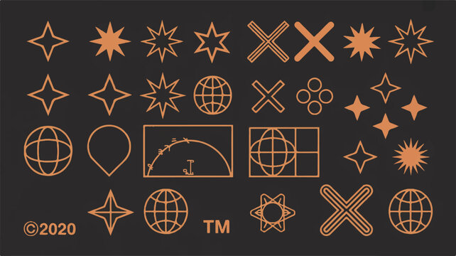A collection of various star and globe symbols with geometric shapes arranged on a dark surface