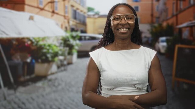 African american woman with glasses and braided hair, arms crossed and smiling in a white dress on a cobblestone street with cafe plants and chalkboard; confidence resilience.