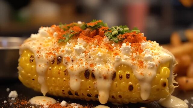 Delicious Elote Mexican Street Corn with Creamy Sauce and Spices.
