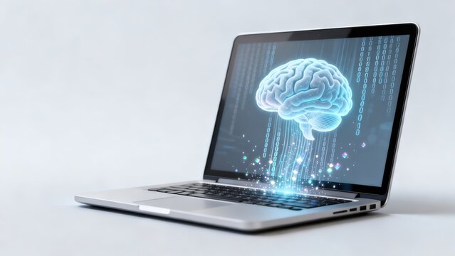 Laptop with brain and binary code on screen