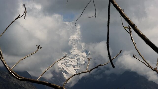 Snow-Capped Fishtail Mountain (Machhapuchhre) Framed by Tree Branches | Annapurna Himalayas, Nepal 4K