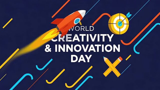 World creativity and innovation day rocket animation with bright motion graphics
