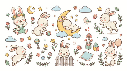 Fototapeta premium Cute baby bunny clipart set