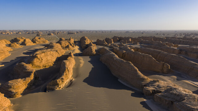 Yardang desert landforms at sunrise in Dunhuang, Gansu, China