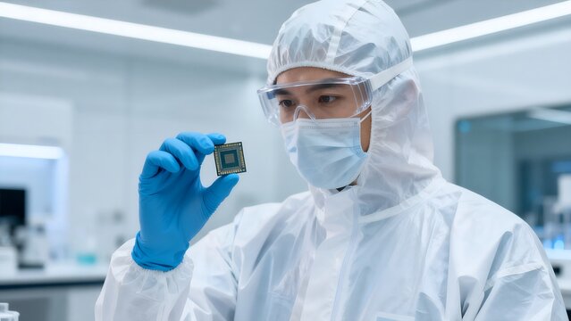 Scientist in protective suit examining microchip